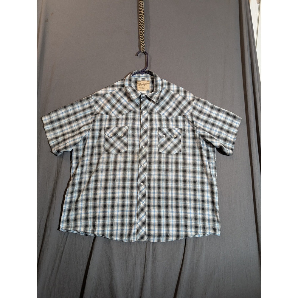 Wrangler Western Shirt Mens 2XL Plaid‎ Short Sleeve Pearl Snap Cowboy